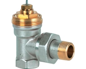 Siemens VEN210 radiatorventil med vinkelløb i messing og metal, viser 3/8" NF tilslutning og ventilspindel.