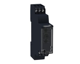Schneider Electric Zelio RE17 tidsrelæ i nærbillede, viser den transparente front med drejeknapper til indstilling af tid og funktion, samt terminalbenævnelser.