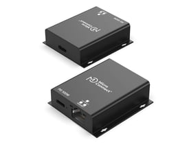 Sort MicroConnect USB-C til RJ45-netværksadapter med Gigabit og 100 W PD, vist fra to vinkler med tilslutningsporte.