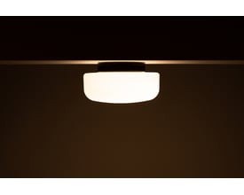 Ifö Electric Solenne loft- og væglampe med sort fatning og diffusor af mat opalglas, 320mm i diameter, monteret på et mørkt loft.