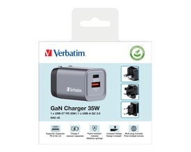 Verbatim GNC-35 GaN oplader i grå med 1 x USB-C PD 35W og 1 x USB-A QC 3.0 port.
