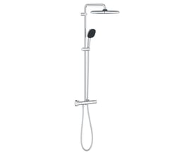 Detaljeret billede af Grohe Vitalio Comfort 250 bruseSystem med fokus på termostaten og 250mm hovedbruseren.