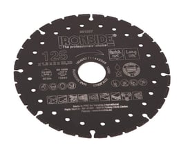 Ironside Rescue diamantklinge på 125 mm med sort, rund skive, mange huller og segmenteret skærekant.