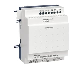 Schneider Electric Zelio udvidelsesmodul med 14 I/U, 12VDC, med tydeligt mærkede indgange og udgange på hvid baggrund.