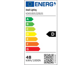 Energimærke for Ansell Lighting H-Cell LED strip, viser energiklasse D (A-G) med 48 kWh/1000h.