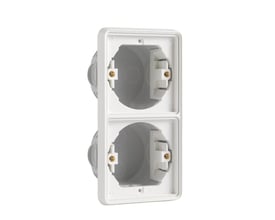 Niko indmuringsdåse 2-modul lodret hvid, vist forfra med fokus på de to monteringsrum med skruehuller.