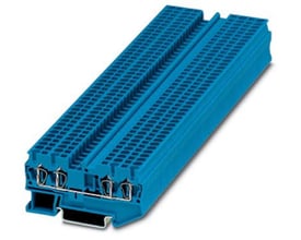 Kompakt blå Phoenix Contact ST 1,5-QUATTRO BU gennemgangsklemme med flere fjederkrafttilslutninger til potentialfordeling.