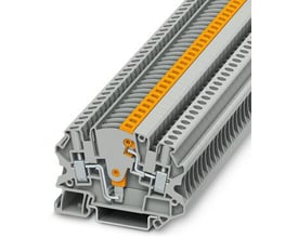 Phoenix Contact UTME 4 måletransformerskilleklemme med skruetilslutning og orange mærkat. Klemmen er grå og viser intern mekanisme til ledningsføring.