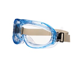 Google sikkerhedsbrille med klar acetatlinse og lyseblå ramme, vist fra siden med beige neopren-hovedbånd.