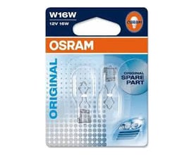 OSRAM Automotive Original Aux pærer W16W, 12V 16W med W2.1x9.5d sokkel, vist i 2-pak på blisterkort i blå og orange design.