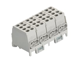 HLAK klemme grå med 4 indgange og 4 udgange, designet til både kobber- og aluminiumsledere op til 25 mm². Klemmen er lavet af plast og har metal skruer.