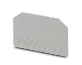 Grå endeplade D-MTK fra Phoenix Contact, fremstillet af plast med præget logo og typenummer.