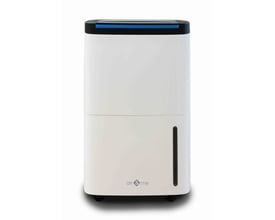 Air&Me Rohan affugter i hvid med sort top og blå lysdetalje, står på hvid baggrund.