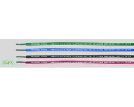 HELUKABEL monteringsledninger i farverne grøn, blå, sort og pink, AWG22, 600V, STYLE 1015, med tydelige mærkninger og RoHS-logo.