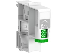 Lauritz Knudsen Lexcom Home Fixcon holder til én S1 konnektor i hvid plast med grønne detaljer og et '@' symbol.