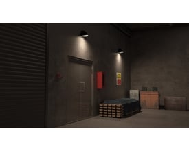 Sort Ansell Lighting WOLF væglampe med sensor, monteret på betonvæg ved dør, med asymmetrisk lysfordeling.