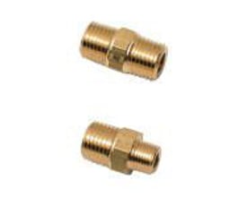 Parker brystnippel med udvendigt BSPT R1/8 gevind i begge ender, fremstillet af blank messing med sekskantet midterdel.