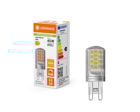 Ledvance LED PIN lyskilde klar, 4W, 470lm, 2700K, dæmpbar, G9 sokkel, vist sammen med produktpakken.