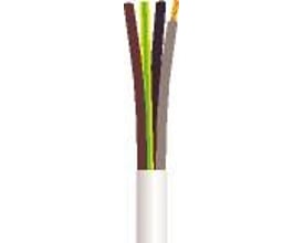 Hvidt H05VV-F plastkabel, 4G1 mm² og 50 meter, med afisoleret ende og synlige farvede ledere.