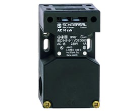 Nøgleafbryder AZ16-12ZVRK-M16 med Schmersal logo, vist forfra med detaljeret mærkning og skruefastgørelse.