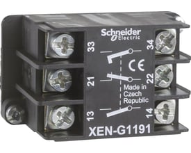 Nærbillede af Schneider Electric XENG1191 kontaktelementet med mærkninger og skrueterminaler, viser 2NO og 1NC kontakter.
