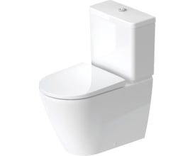 Komplet Duravit D-Neo toilet med cisterne, vist med lukket toiletsæde i hvidt porcelæn med P-lås.