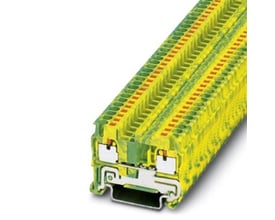 Detaljeret vinkel af Phoenix Contact Jordklemme PT 2,5-PE, der viser push-in tilslutningsmekanismen og 2,5mm² kapacitet.