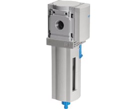 Festo finfilter MS4-LFM-1/4-BUV, grå og hvid, med en blå trykknap og et sigtevindue på siden.