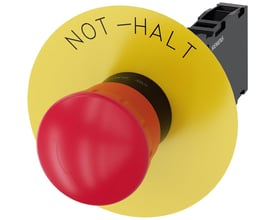 Siemens nødstop med rød paddetryk, 22 mm, på en gul bagplade med 'NOT-HALT' tekst.