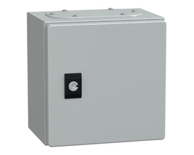 Lukket Schneider Electric CRN metal vægskab i RAL7035, 200x200x150mm, med synlig låsemekanisme og Schneider Electric logo.