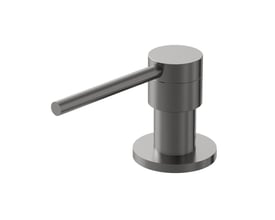 Lavabo Kubus sæbedispenser i PVD-behandlet rustfrit stål med gunmetalfinish, set skråt forfra med lang pumpearm.