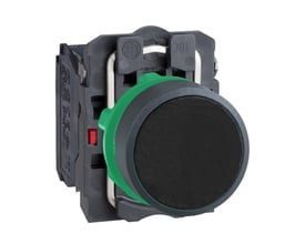 Schneider Electric komplet sort trykknap med 1NO+NC kontaktelementer og grøn monteringsring, klar til brug.