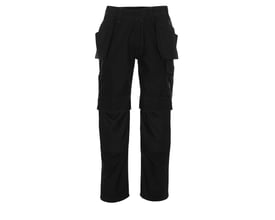 Baganbeskrivelse af Mascot Springfield sorte arbejdsbukser med ergonomisk formede ben og kraftige syninger, vist med lukket lynlåsgylp.