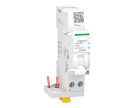 Fremhævet vinkel af Schneider Electric VigiARC iC40 gnistdetektor med fokus på mærkat og betjeningsknap.