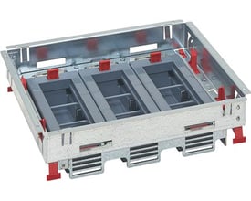 Legrand gulvboks support flex med horisontal højdejustering til 3x6 moduler, lavet af galvaniseret metal med grå plastindsatser.