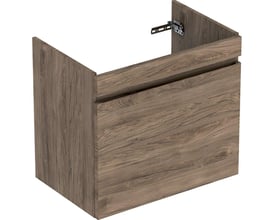Geberit Renova Plan vaskeskab i mørkt nøddetræ med struktureret folie, 68,2 cm bredt med én skuffe og indvendig skuffe.
