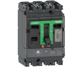 Nærbillede af Schneider Electric ComPacT NSX100F maksimalafbryder, med fokus på mærkepladen der angiver spænding og strøm specifikationer for TM160D enheden.
