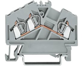 Detaljeret vinkel på Wago gennemgangsklemme 3P, 2,5mm2, der viser CAGE CLAMP-tilslutning og TS 35 skinnefastgørelse.