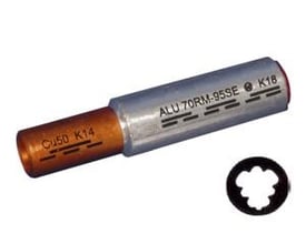 Elpress DIN 46235 Al/Cu-pressemuffe AKS35-35DIN-PR, 35/50mm2, viser en kobberende og aluminiumende med markeringer.