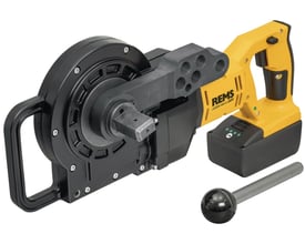 REMS Akku-bukkemaskine Curvo 22V med kraftig sort bukkemekanisme og gult håndtag med batteri.