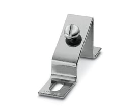 Detaljeret visning af Phoenix Contact skrå DIN-skinneholder, viser M6 skrue og galvaniseret stålkonstruktion.