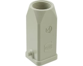 Nærbillede af Harting HAN A stikhus type 3A, viser M20 gevind og Harting logo i grå polycarbonat.