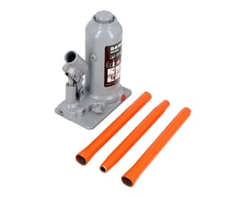 Nærbillede af Bahco BH450 hydraulisk flaskedonkraft med fokus på logo, betjeningshåndtag og tre orange forlængerrør.