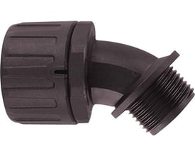 HellermannTyton sort forskruning med 45° vinkeltilslutning, PA66 materiale og M20 udvendigt gevind.