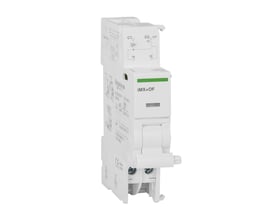 Schneider Electric udkoblingsspole iMX/OF i hvid plast med grøn knap, 18 mm bred med 48 VAC/48 VDC styrespænding.