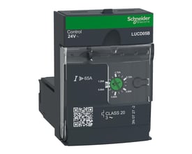 Schneider Electric strømmodul LUCD05B med 24V kontrolspænding og justerbar strømindstilling fra 1,25A til 5,00A.