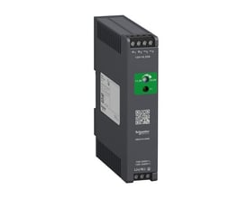 Schneider Electric Modicon ABLS Optimized strømforsyning, 1-faset, 12 V og 6,2 A, set skråt forfra med tilslutninger.