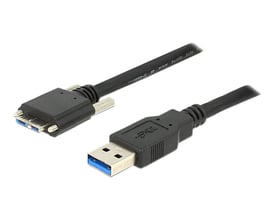 Sort DeLOCK USB 3.0-kabel på 3 meter med Type A- og Micro B-hanstik samt skruer, vist med begge stik.