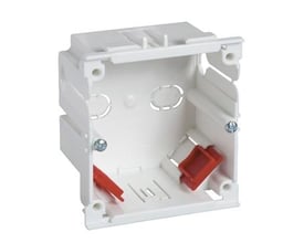 Schneider Thorsman kanaldåse MIB-A1 i hvid plast med røde monteringsklips og skruer, set fra siden med åben front.