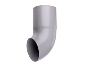 Plastmo vandudkaster i grå plast med 90mm diameter og en buet form til effektiv vandafledning fra tagrender.